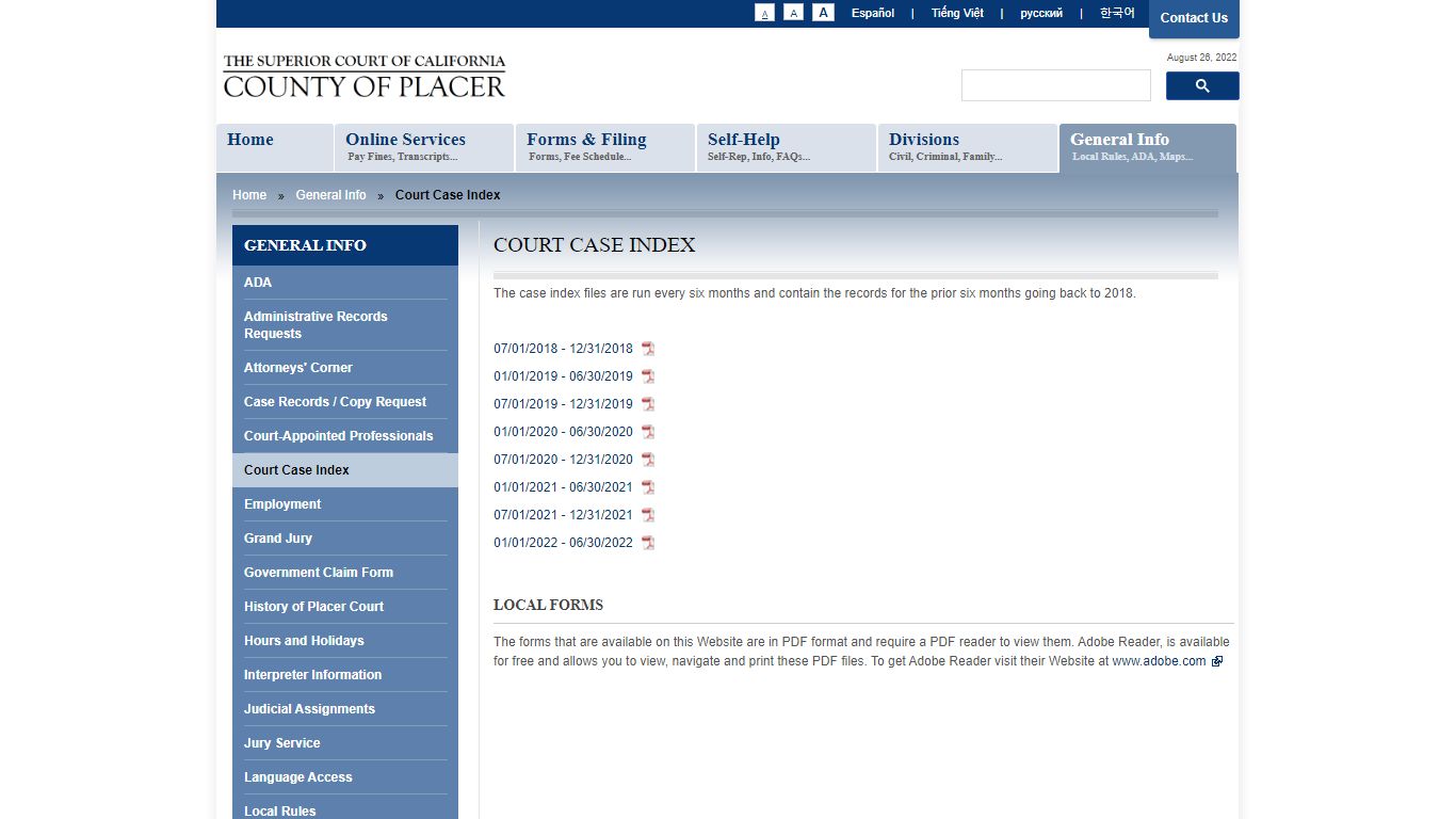 Court Case Index | Superior Court of California - County of Placer